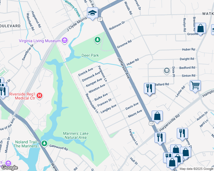 map of restaurants, bars, coffee shops, grocery stores, and more near 59 Ferguson Lane in Newport News