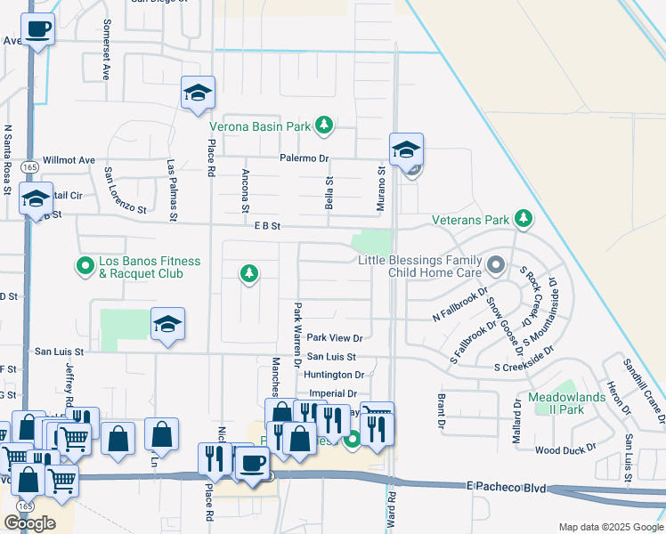 map of restaurants, bars, coffee shops, grocery stores, and more near 2145 Park Crest Drive in Los Banos