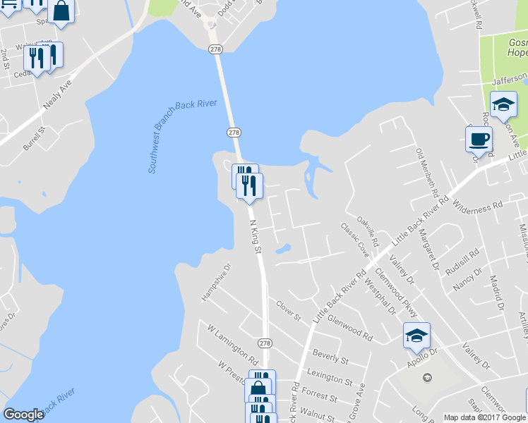 map of restaurants, bars, coffee shops, grocery stores, and more near 1823 Olde Buckingham Road in Hampton