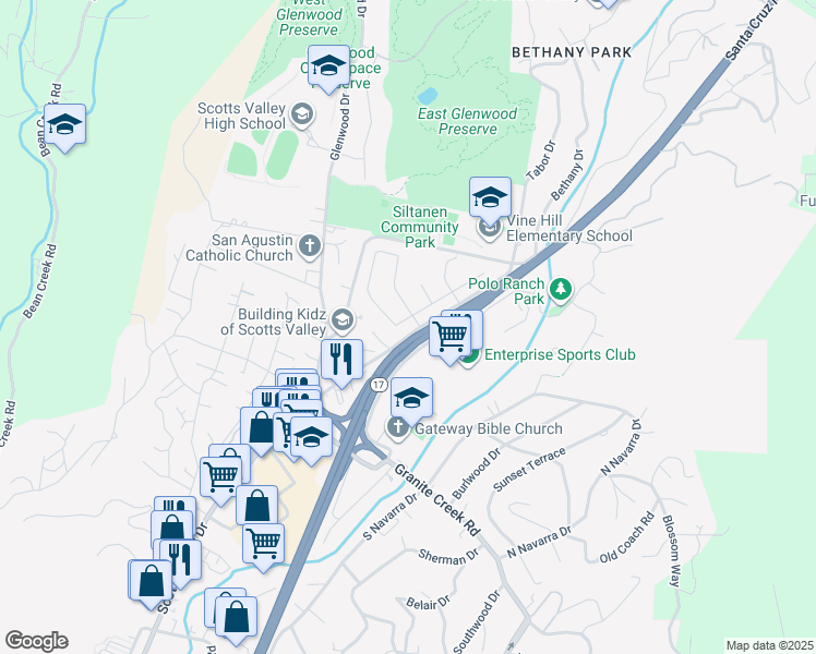 map of restaurants, bars, coffee shops, grocery stores, and more near 164 Zinfandel Circle in Scotts Valley