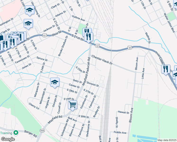 map of restaurants, bars, coffee shops, grocery stores, and more near 1304 Old Mayfield Road in Paducah