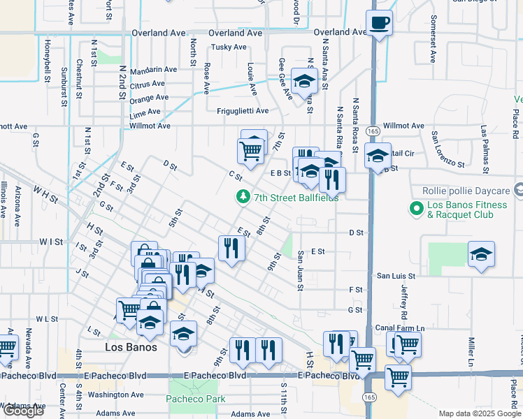 map of restaurants, bars, coffee shops, grocery stores, and more near 343 8th Street in Los Banos