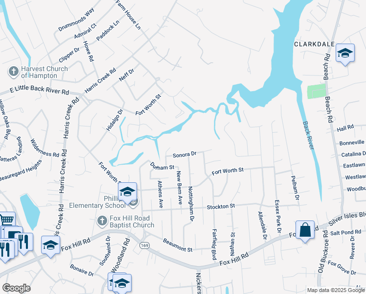 map of restaurants, bars, coffee shops, grocery stores, and more near 435 Sonora Drive in Hampton
