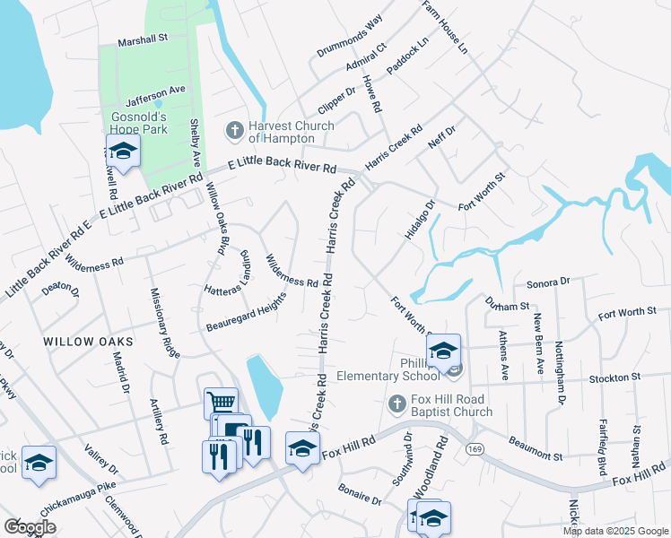 map of restaurants, bars, coffee shops, grocery stores, and more near 64 Harris Creek Road in Hampton