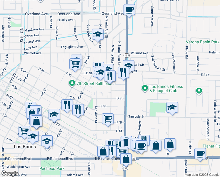 map of restaurants, bars, coffee shops, grocery stores, and more near 265 Mercey Springs Road in Los Banos