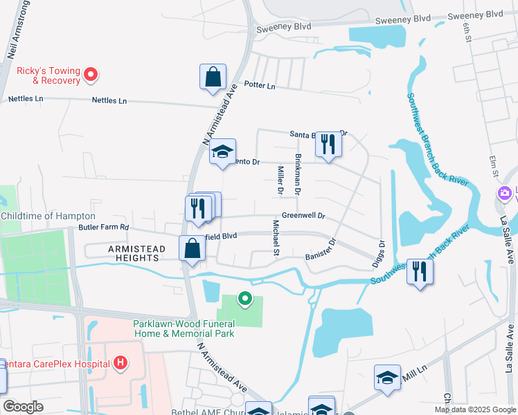 map of restaurants, bars, coffee shops, grocery stores, and more near 112 Glascock Ct in Hampton
