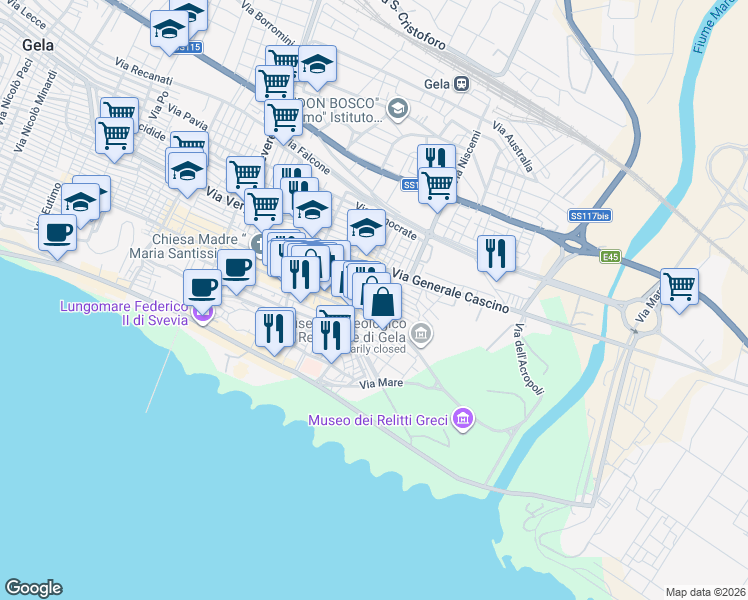 map of restaurants, bars, coffee shops, grocery stores, and more near 5 Via Stesicoro in Gela