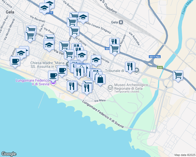 map of restaurants, bars, coffee shops, grocery stores, and more near 5 Via Stesicoro in Gela