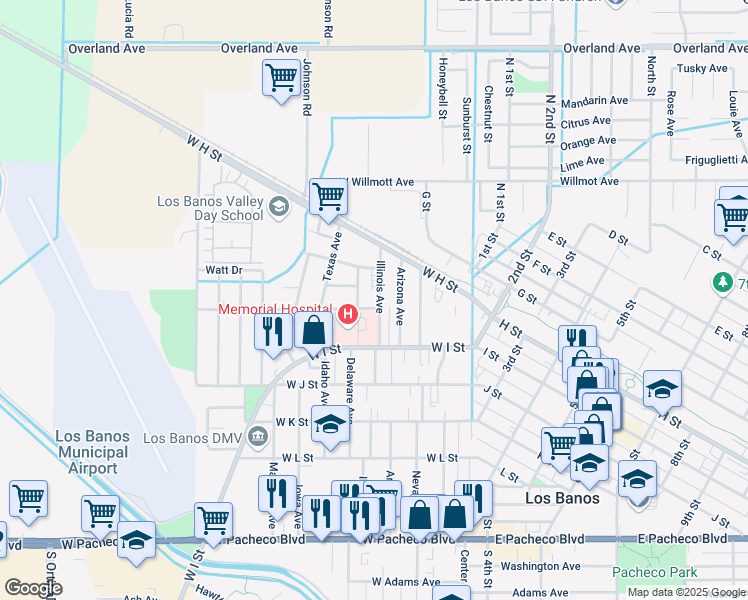 map of restaurants, bars, coffee shops, grocery stores, and more near 747 Illinois Avenue in Los Banos