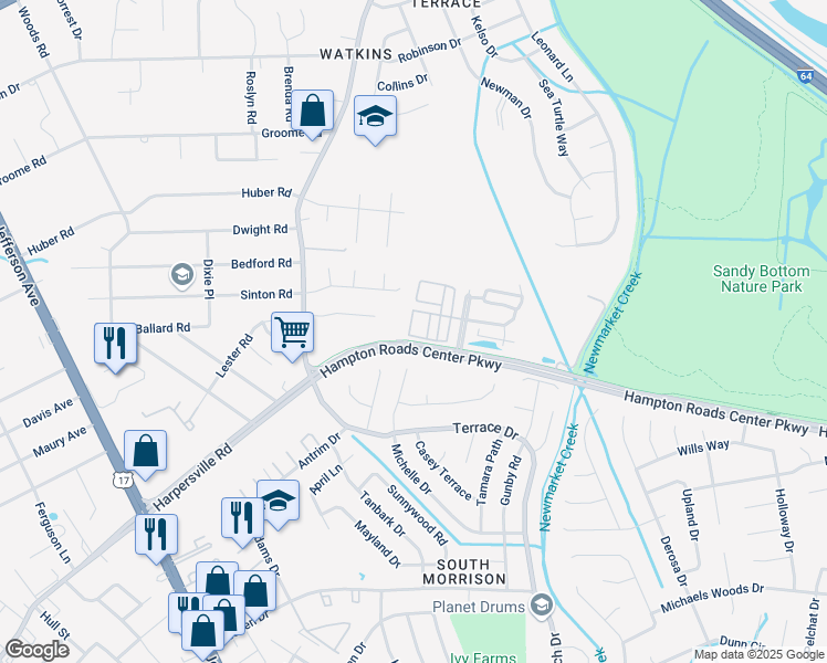 map of restaurants, bars, coffee shops, grocery stores, and more near 26 Zenith Loop in Newport News