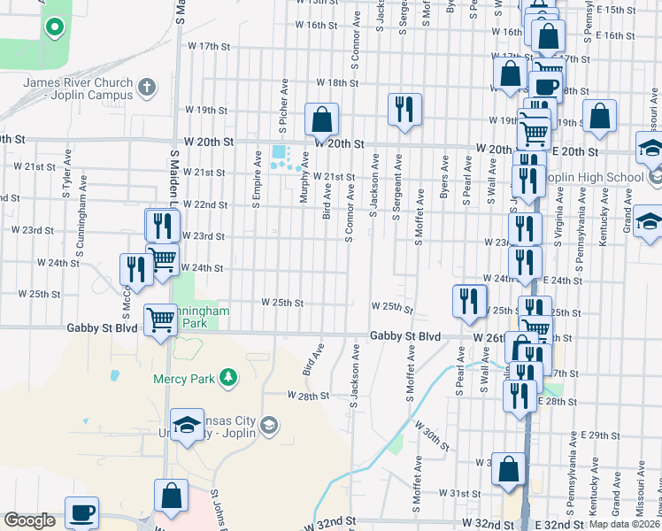 map of restaurants, bars, coffee shops, grocery stores, and more near 2323 Bird Avenue in Joplin