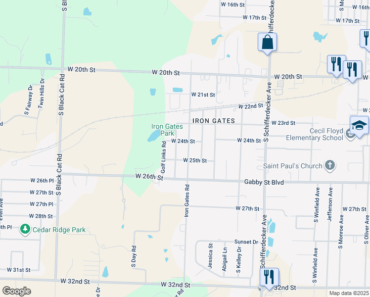 map of restaurants, bars, coffee shops, grocery stores, and more near 2404 Iron Gates Road in Joplin