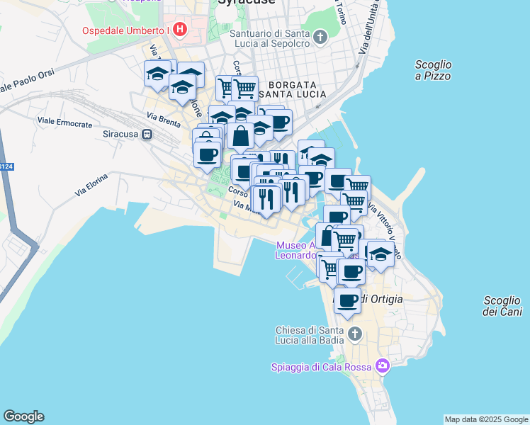map of restaurants, bars, coffee shops, grocery stores, and more near 42 Via Malta in Siracusa