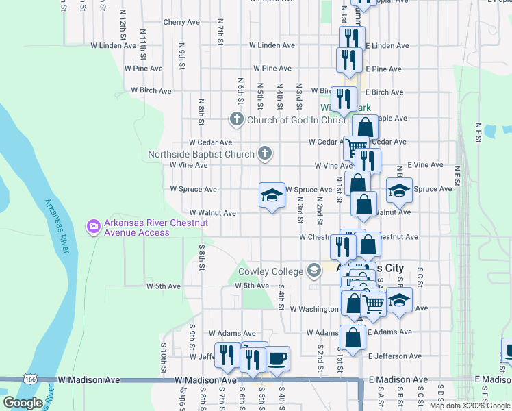 map of restaurants, bars, coffee shops, grocery stores, and more near 305 North 5th Street in Arkansas City