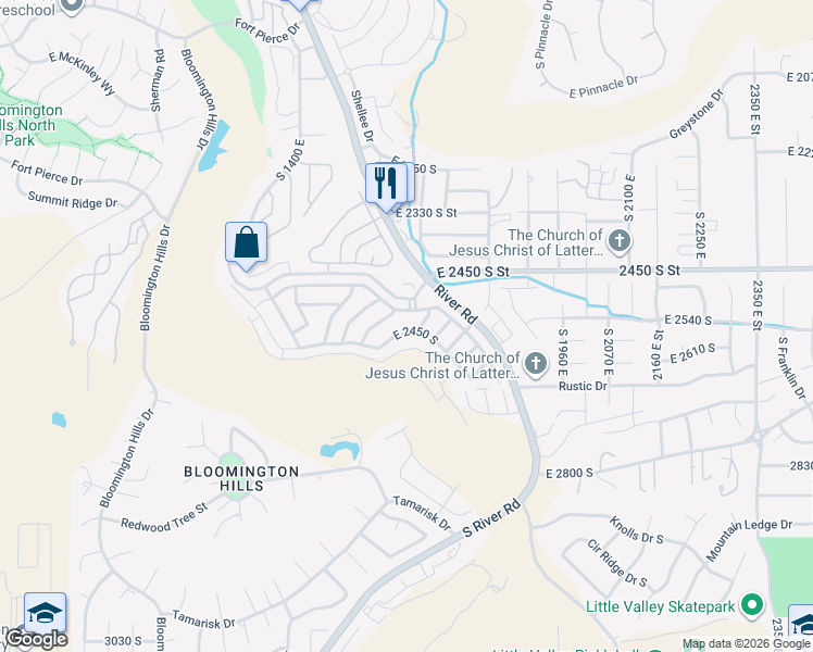 map of restaurants, bars, coffee shops, grocery stores, and more near 1630 East 2450 South Street in St. George