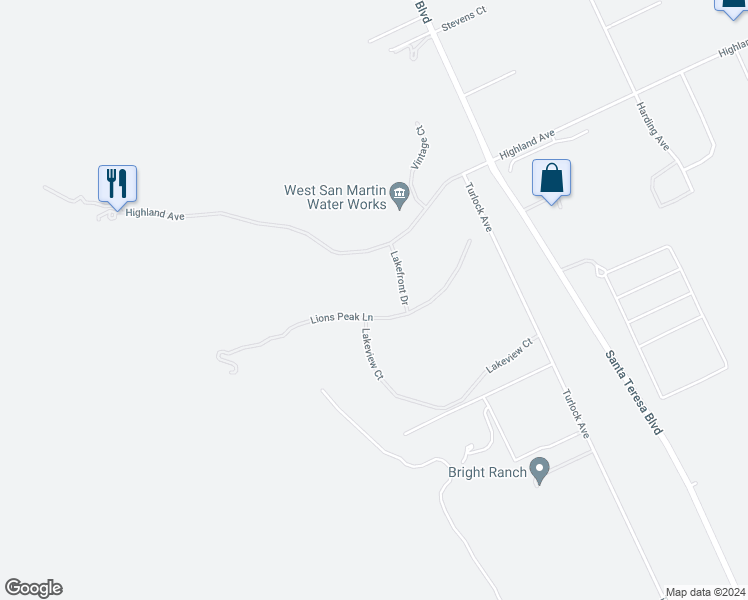 map of restaurants, bars, coffee shops, grocery stores, and more near 1265 Lions Peak Lane in San Martin