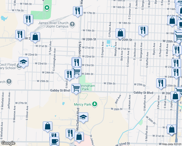 map of restaurants, bars, coffee shops, grocery stores, and more near 1419 W 24th St in Joplin