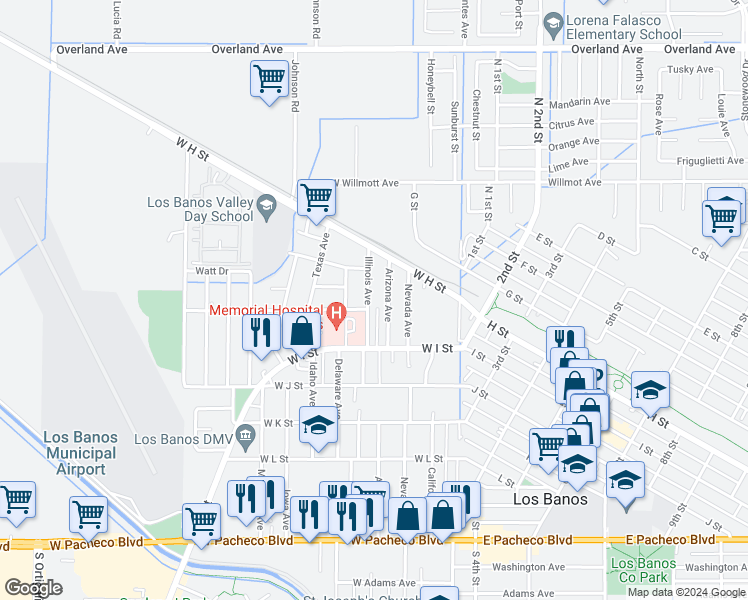 map of restaurants, bars, coffee shops, grocery stores, and more near 747 Illinois Avenue in Los Banos