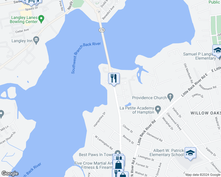 map of restaurants, bars, coffee shops, grocery stores, and more near 1711 North King Street in Hampton