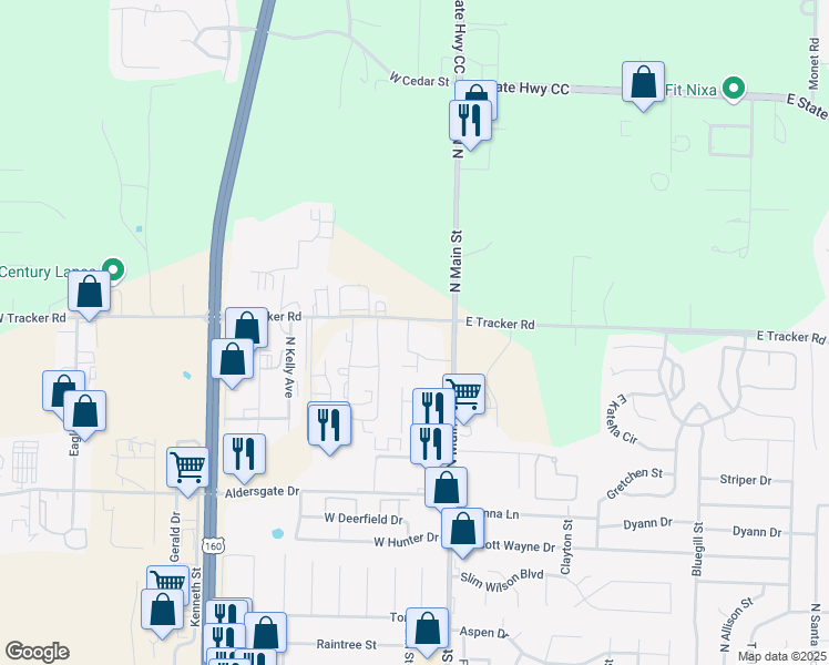 map of restaurants, bars, coffee shops, grocery stores, and more near 228 West Tracker Road in Nixa