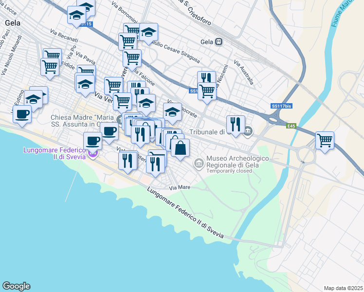 map of restaurants, bars, coffee shops, grocery stores, and more near 5 Via Stesicoro in Gela