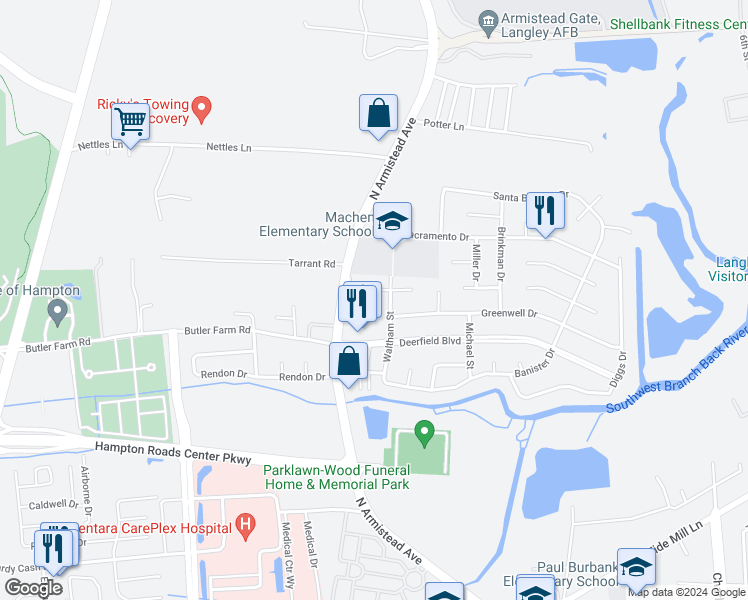map of restaurants, bars, coffee shops, grocery stores, and more near 29 Carmine Place in Hampton