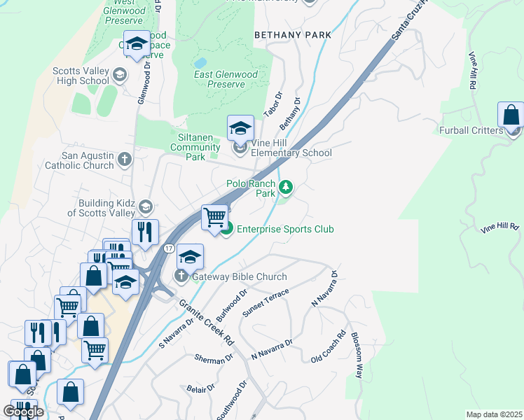 map of restaurants, bars, coffee shops, grocery stores, and more near 339 Skyforest Way in Scotts Valley