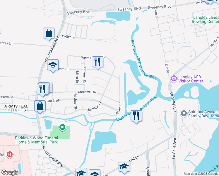 map of restaurants, bars, coffee shops, grocery stores, and more near 203 Culotta Drive in Hampton