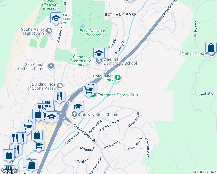 map of restaurants, bars, coffee shops, grocery stores, and more near 339 Skyforest Way in Scotts Valley