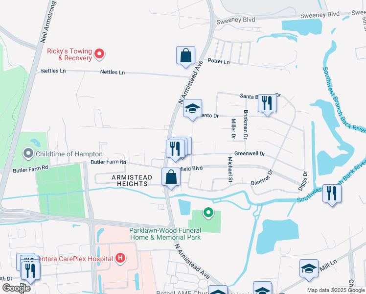 map of restaurants, bars, coffee shops, grocery stores, and more near 29 Carmine Place in Hampton