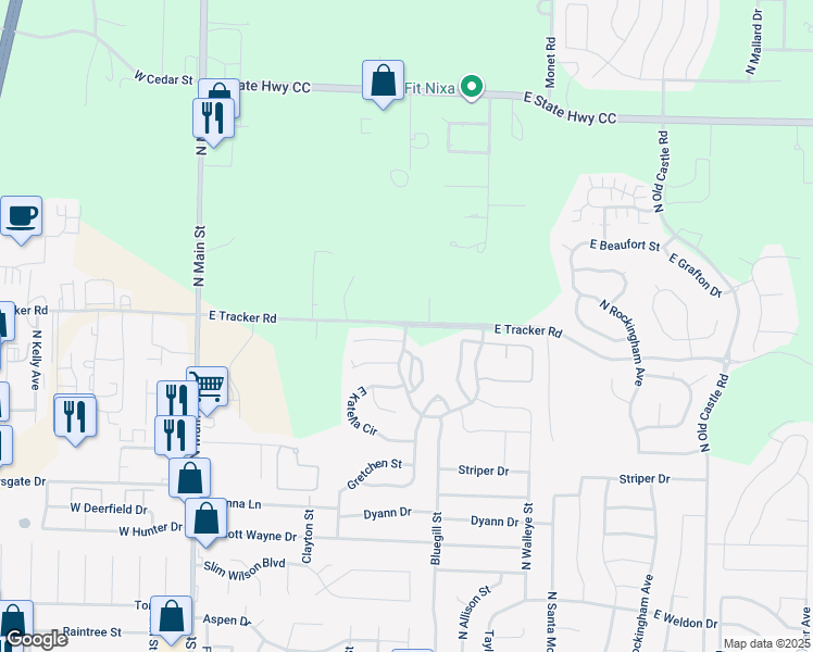 map of restaurants, bars, coffee shops, grocery stores, and more near 492 East Tracker Road in Nixa