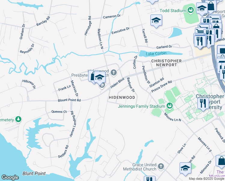 map of restaurants, bars, coffee shops, grocery stores, and more near 1 Madison Lane South in Newport News