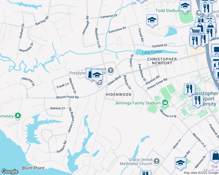 map of restaurants, bars, coffee shops, grocery stores, and more near 1 Madison Lane South in Newport News