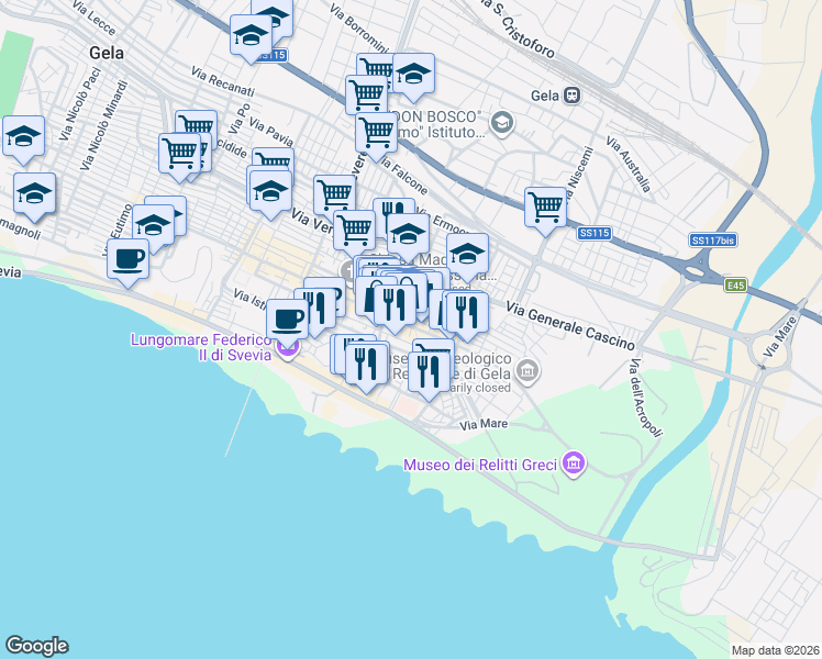 map of restaurants, bars, coffee shops, grocery stores, and more near 221 Corso Vittorio Emanuele in Gela