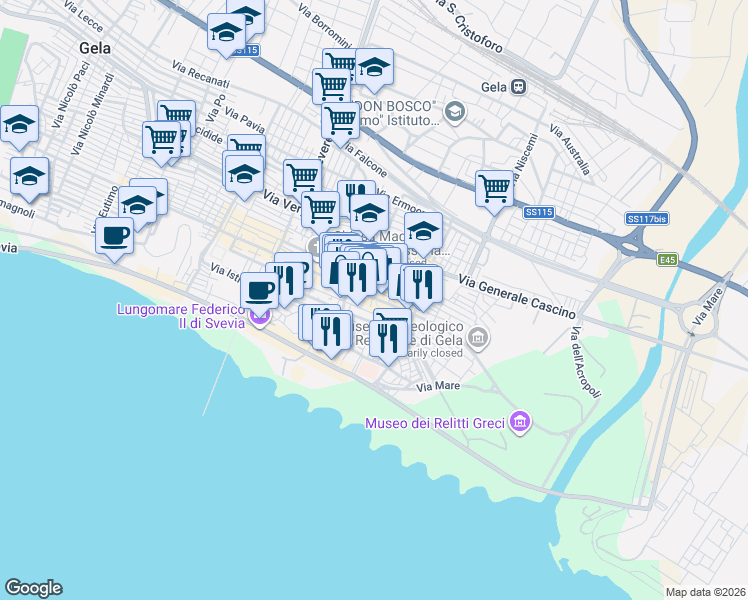 map of restaurants, bars, coffee shops, grocery stores, and more near 221 Corso Vittorio Emanuele in Gela