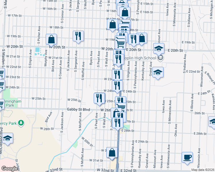 map of restaurants, bars, coffee shops, grocery stores, and more near 2323 South Wall Avenue in Joplin