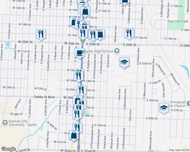 map of restaurants, bars, coffee shops, grocery stores, and more near 2317 South Pennsylvania Avenue in Joplin