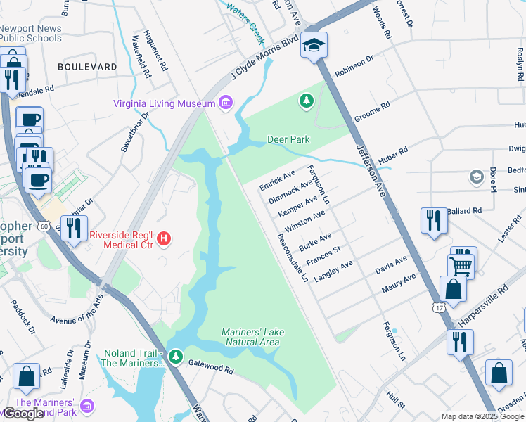 map of restaurants, bars, coffee shops, grocery stores, and more near 75 Beaconsdale Lane in Newport News