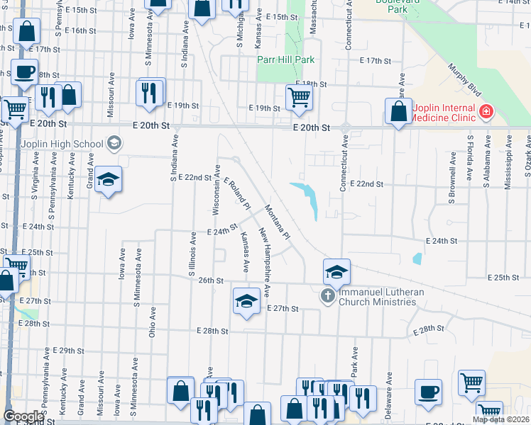 map of restaurants, bars, coffee shops, grocery stores, and more near 1430 East 24th Street in Joplin