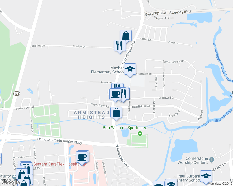 map of restaurants, bars, coffee shops, grocery stores, and more near 14 Grouper Loop in Hampton