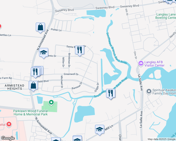 map of restaurants, bars, coffee shops, grocery stores, and more near 203 Culotta Drive in Hampton