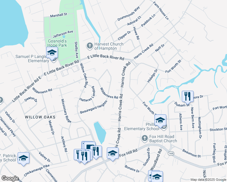 map of restaurants, bars, coffee shops, grocery stores, and more near 7 Live Oak Court in Hampton
