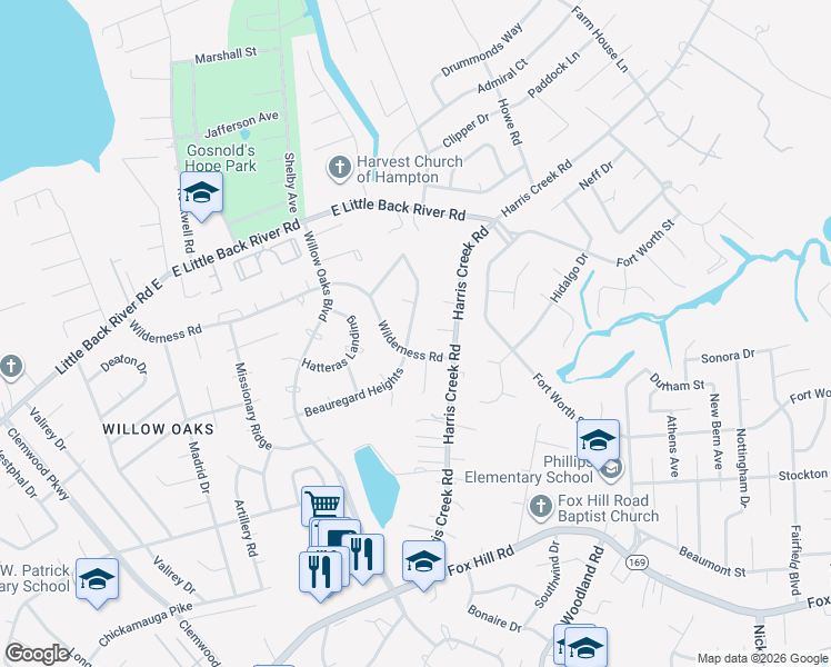 map of restaurants, bars, coffee shops, grocery stores, and more near 10 Wilderness Road in Hampton