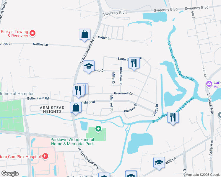 map of restaurants, bars, coffee shops, grocery stores, and more near 105 Greenwell Drive in Hampton