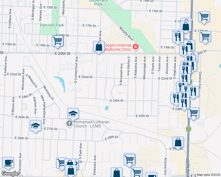 map of restaurants, bars, coffee shops, grocery stores, and more near 2230 South Patterson Avenue in Joplin