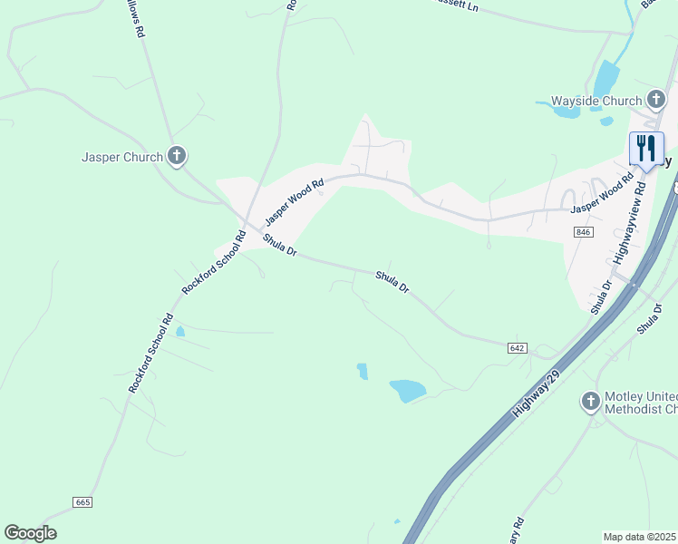 map of restaurants, bars, coffee shops, grocery stores, and more near 5537 Shula Drive in Hurt