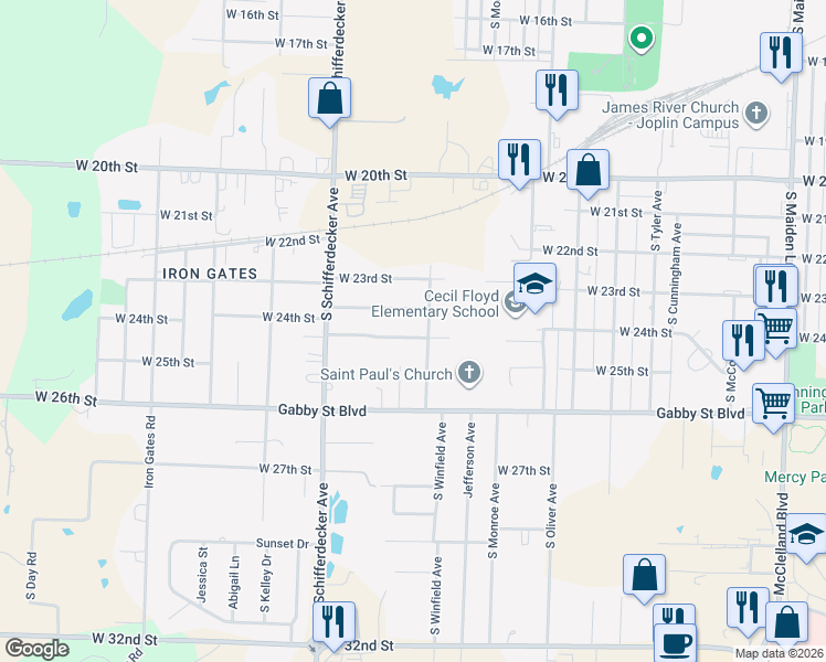 map of restaurants, bars, coffee shops, grocery stores, and more near 2611 West 24th Street in Joplin