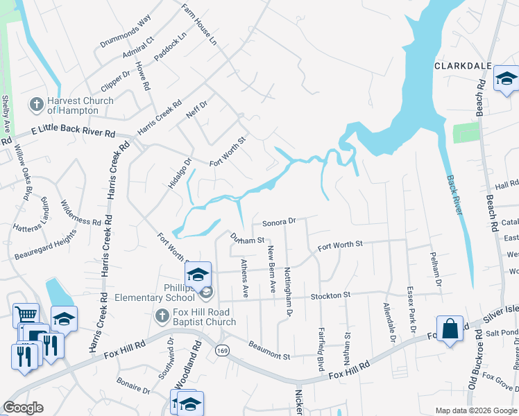 map of restaurants, bars, coffee shops, grocery stores, and more near 919 Laredo Court in Hampton