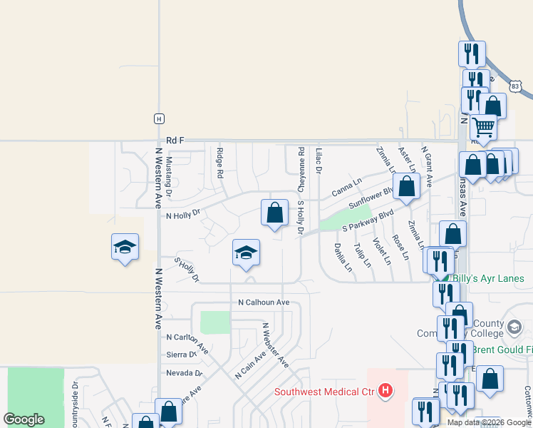 map of restaurants, bars, coffee shops, grocery stores, and more near 850 Apollo Street in Liberal