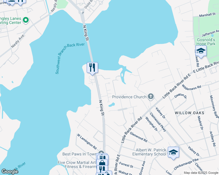 map of restaurants, bars, coffee shops, grocery stores, and more near 111 Tyburn Court in Hampton